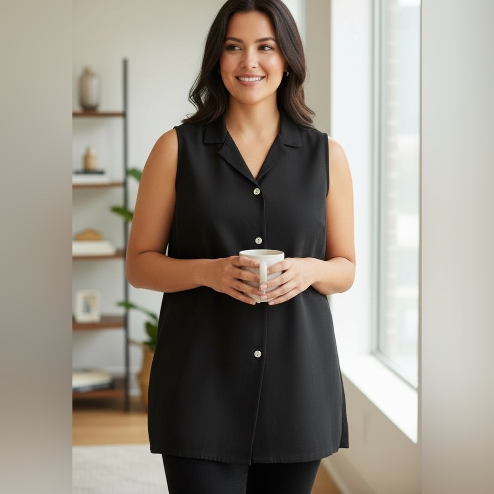 Women’s black sleeveless button up top